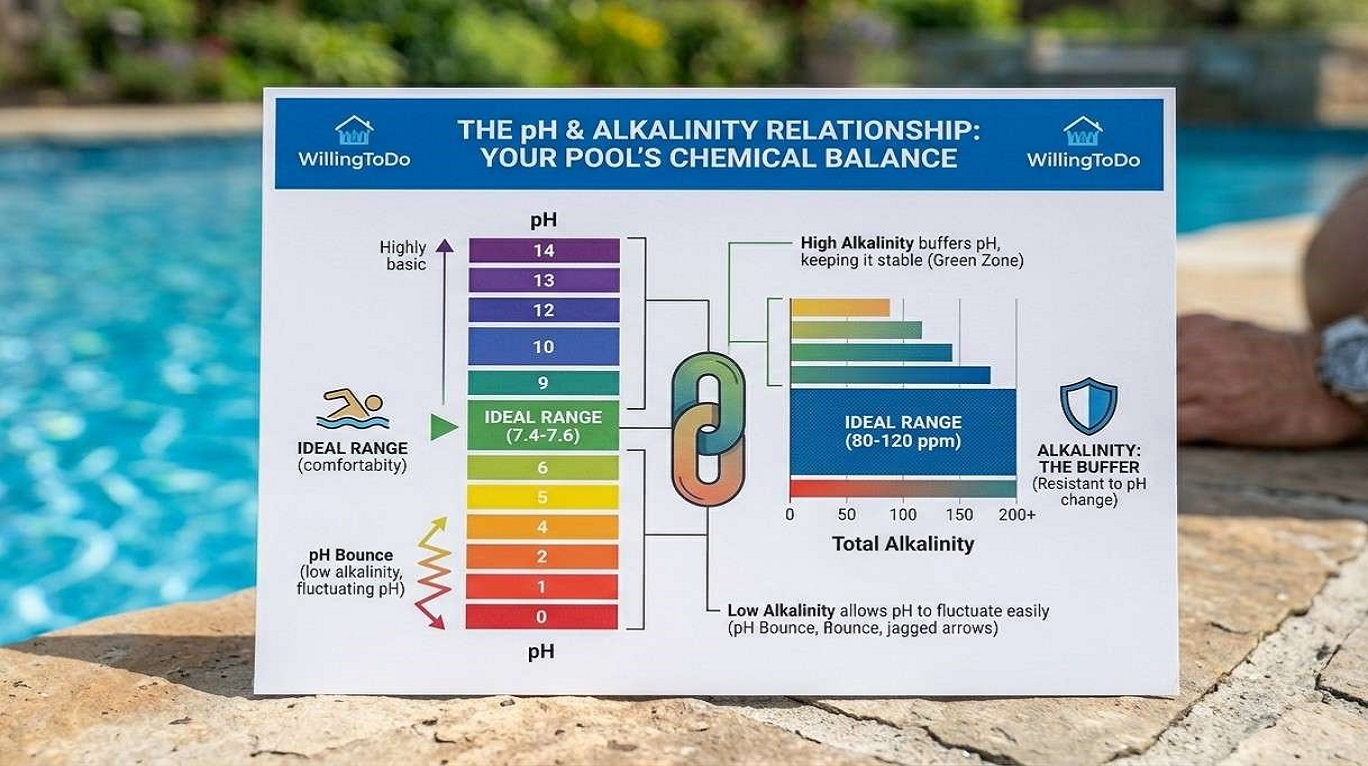 Infographic showing the chemical relationship between pH levels and total alkalinity in pool water