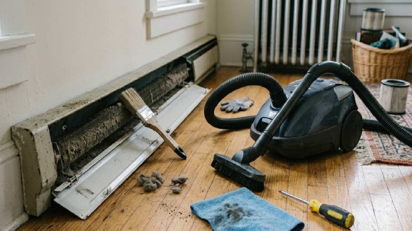Cleaning kit for baseboard heaters which includes vacuum, soft bristle brush, and damp cloth etc.