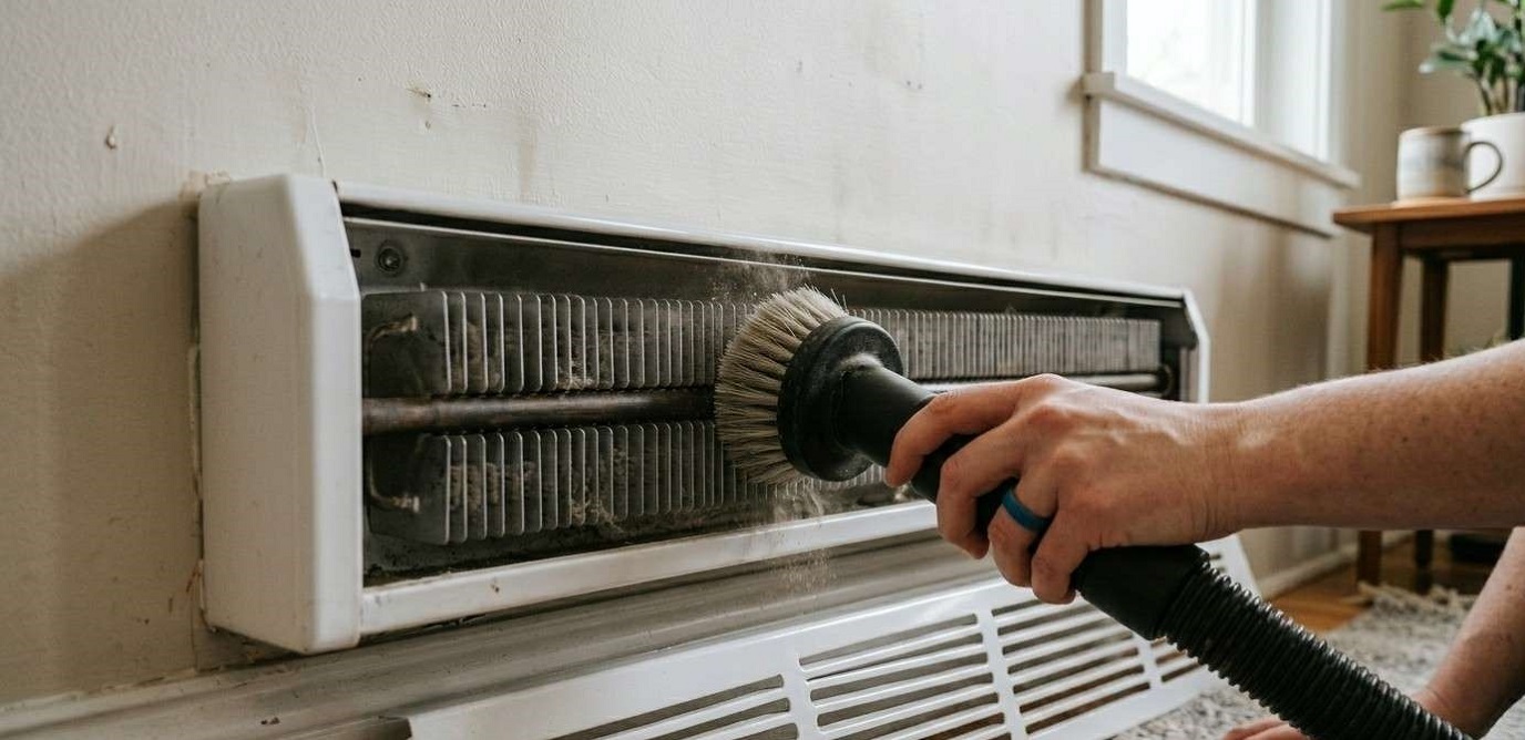 a vacuum brush cleaning metal fins of electric baseboard heater