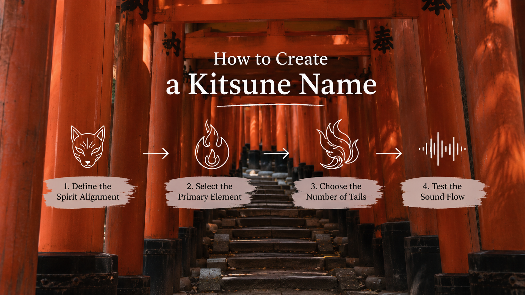 Kitsune name creation steps shown beneath Japanese torii gates