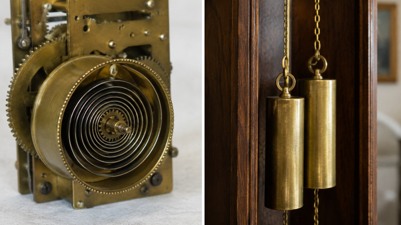 Side-by-side comparison of mainspring barrel and brass weights