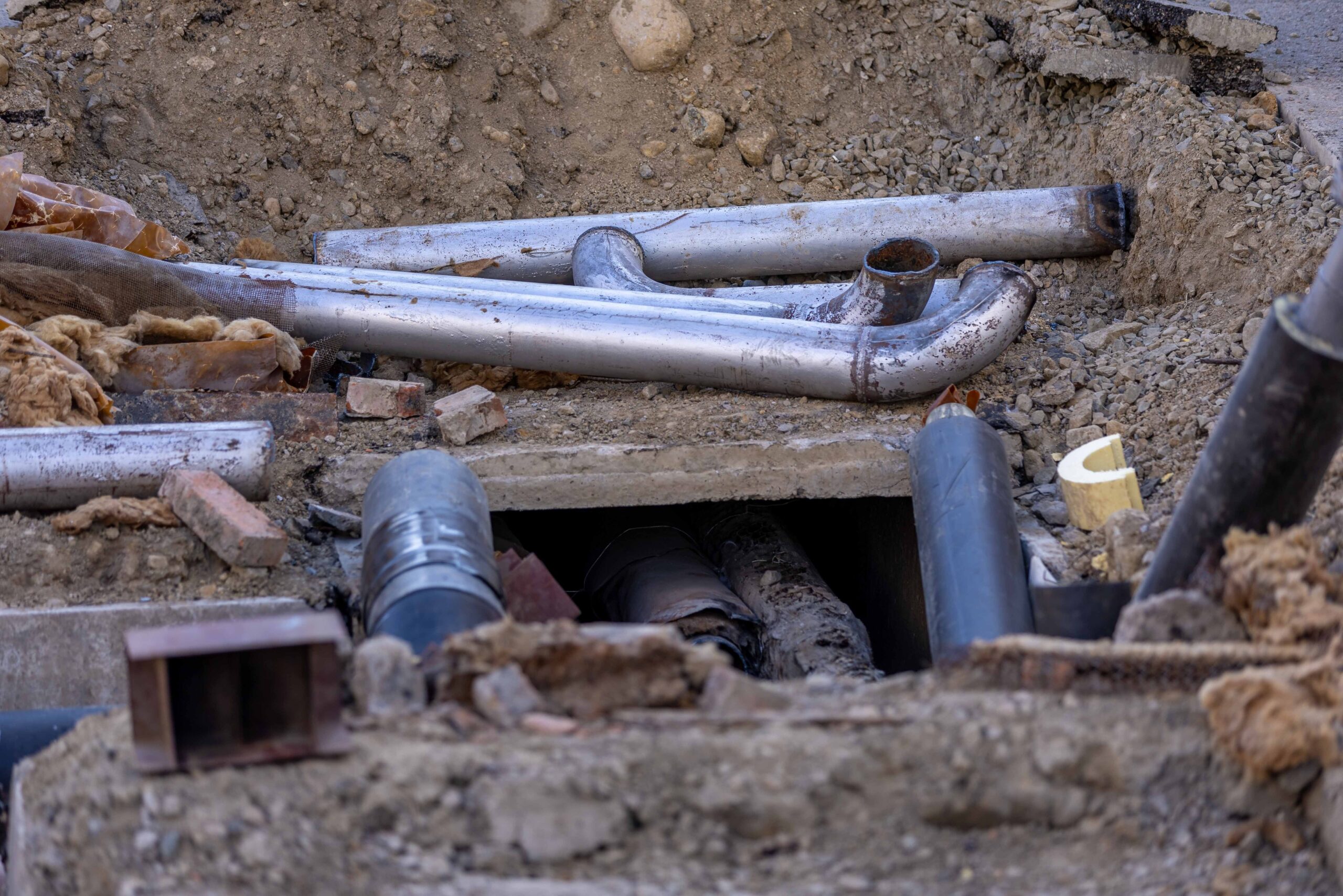 Heavy steel well casing pipes stacked on a construction site