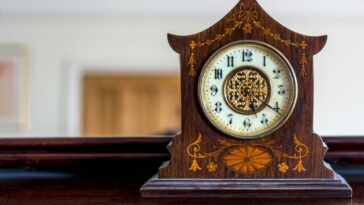 Antique wooden mantle clock showing how to wind a clock