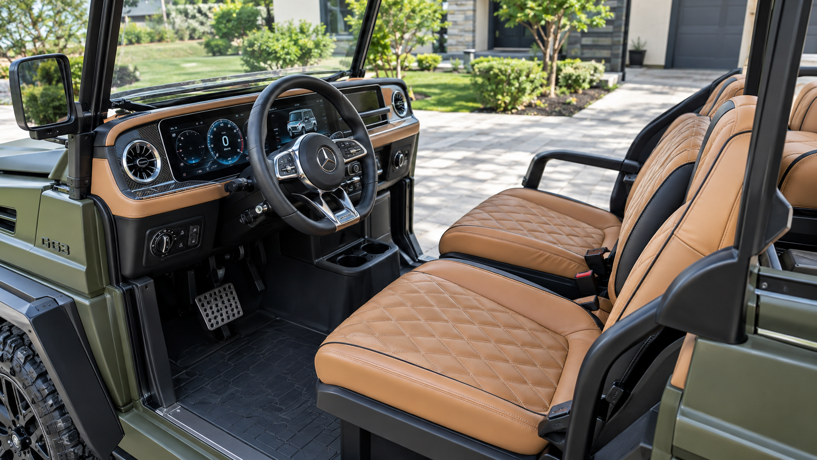 Mini G Wagon golf cart interior with tan leather seats and a digital dashboard.