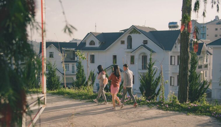 Modern neighborhood representing j society with connected homes and green spaces.