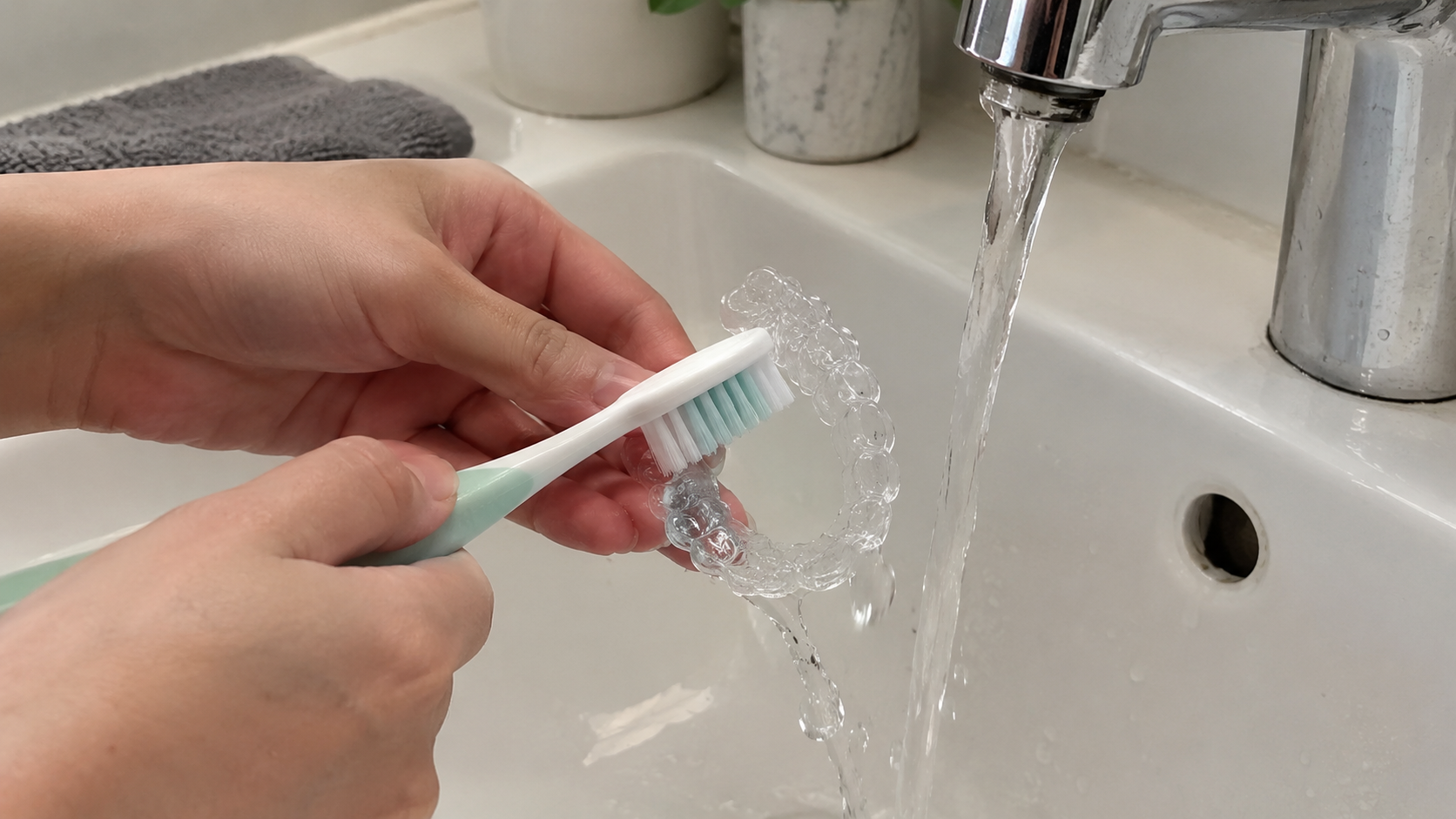 Hands gently cleaning a clear retainer with a soft toothbrush under running tap water.