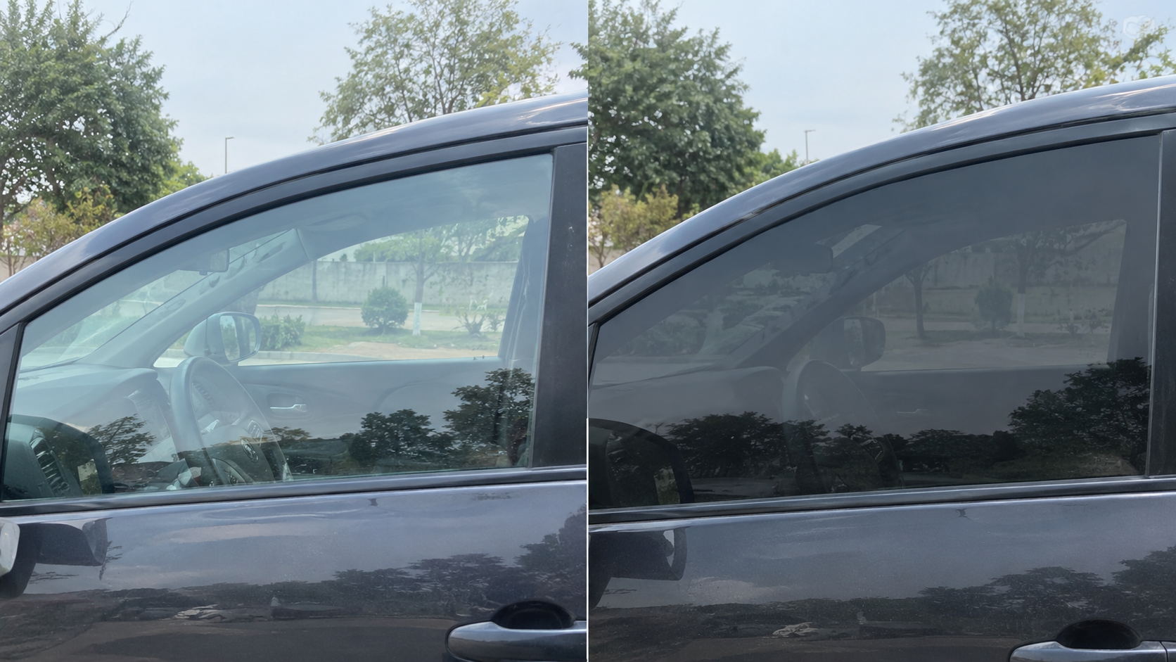 Side-by-side comparison of clear factory car glass versus dark tinted window film