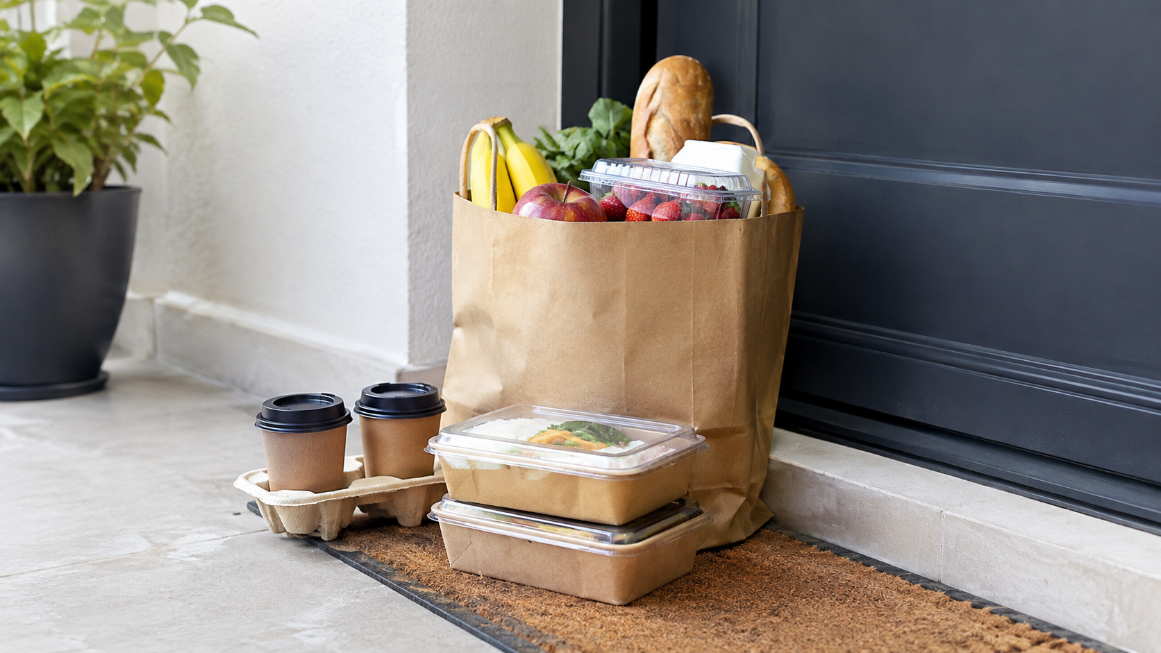A person delivering a fresh homemade meal in a casserole dish to a neighbor at their doorstep