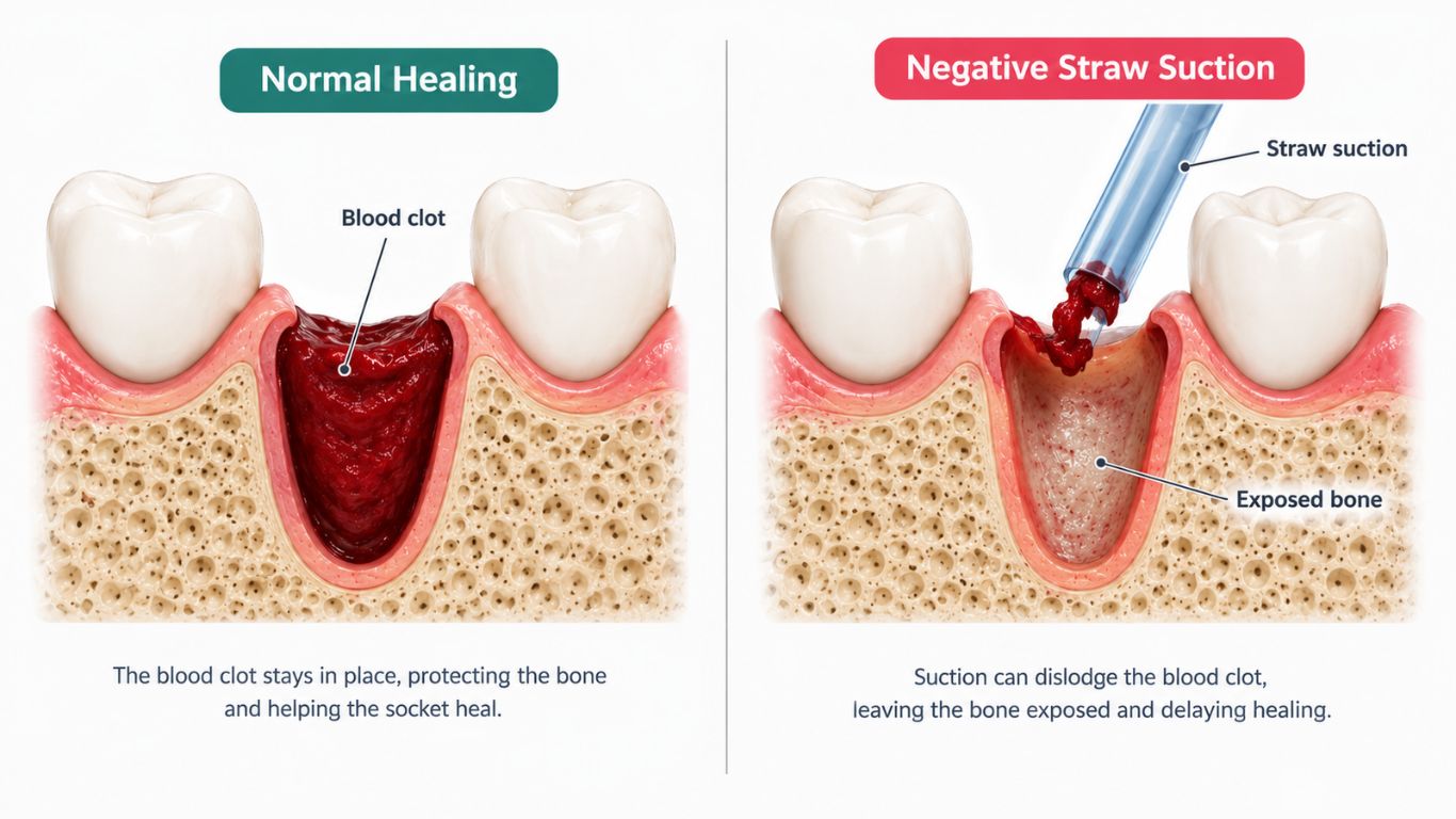 Diagram showing how negative suction from a straw dislodges a blood clot from a wisdom tooth extraction socket.